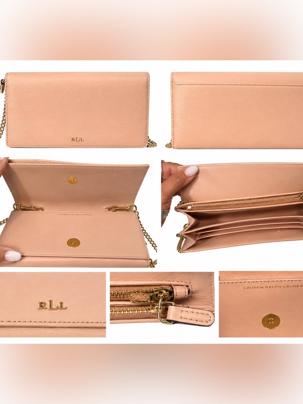 Ralph Lauren Blush Leather Chain Wallet with Gold Hardware